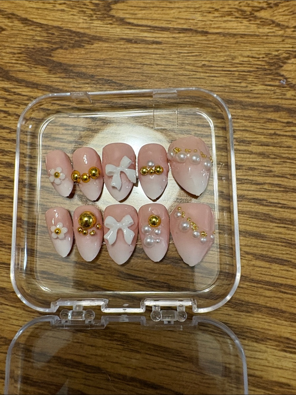 Pink Pearl & Bow Press-On Nails with Gold Accents